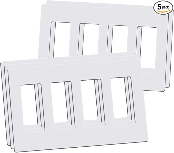 Screwless Decorator Wall Plates, 4-Gang Child Safe Outlet Covers, Standard Size 4.68" x 8.32" Switch Plate for Decor Dimmer, GFCI, USB Receptacle (5 Pack, Gloss White)