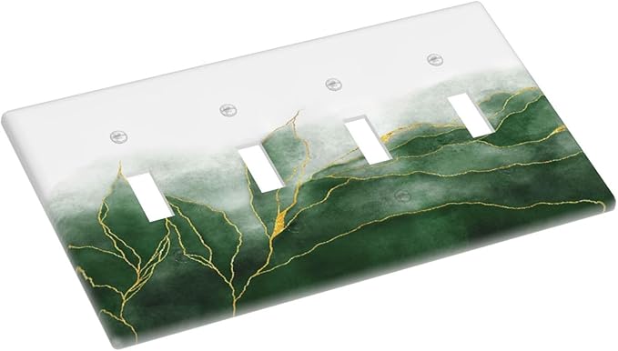 Light Switch Cover Plate Green Gold Leaf Marble Modern Abstract 4 Gang Quad Toggle Decorative Switch Plates Wall Panels Electrical Wall Plates Faceplate for Kitchen Bathroom Decor