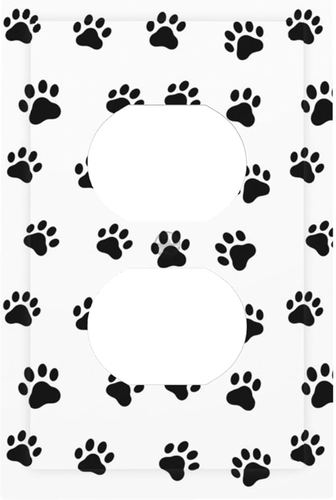 Black and White Dog Paw Print Duplex Wall Plate - 1-Gang Standard US Size Puppy Paws Pattern Outlet Covers for Pet Lover's Home Decor