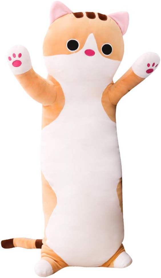 Long Cat Plush Pillow - Cute Kitten Stuffed Animal Body Hugging Toy for Kids, 19.68 Inch (Brown)