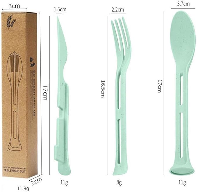3PCS Wheat Straw Cutlery, Reusable Utensils Set Portable Travel 3 in 1 Spoon Fork Knife Tableware, Eco-Friendly, BPA Free, Flatware for Kids Adults, Travel Picnic Camping (Green)