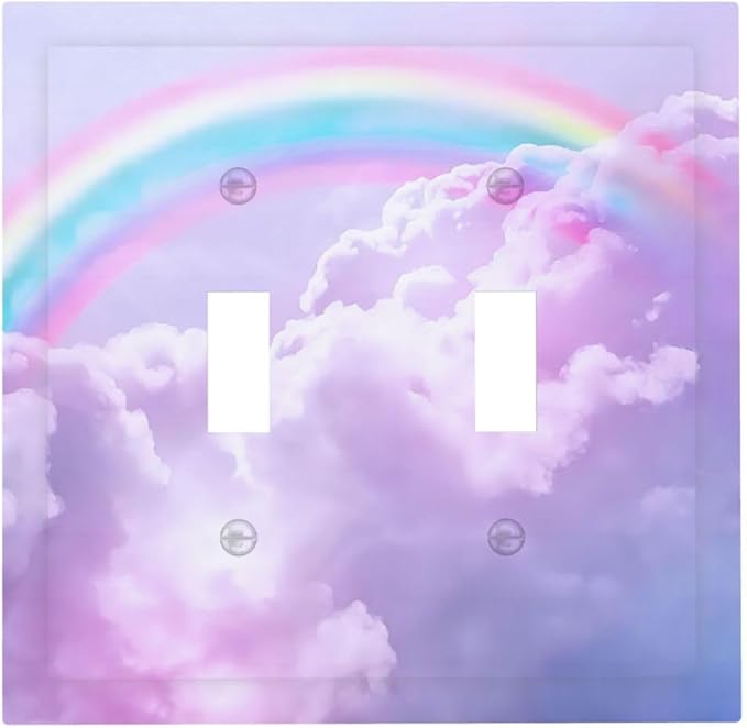 Rainbow in the Clouds 2 Gang Double Toggle Wall Plates Pink Art Panel Light Switch Cover Decorative Purple Cloud Electrical Switchplate Faceplate Cute Dimmer for Bedroom Kidroom Nursery Decor