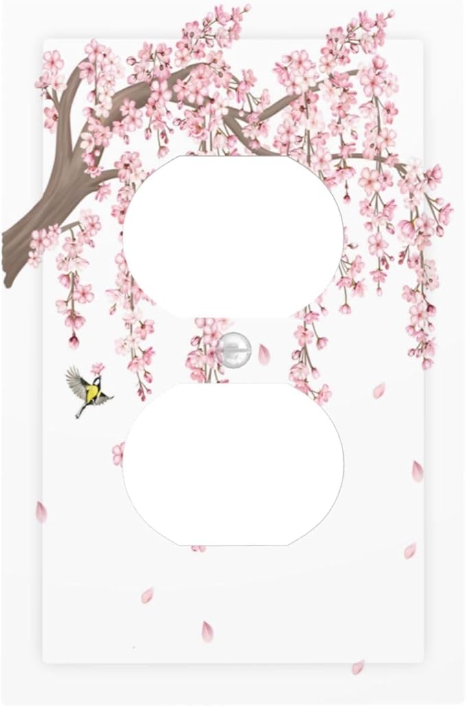 Pink Flower Tree Branch Cherry Blossom Tree Floral Birds Outlet Covers 1 Gang Duplex Light Switch Cover Decorative Switch Plates Electrical Receptacle Faceplate Wall Plate for Bedroom Living Room