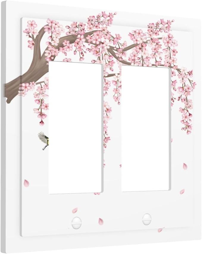 Pink Flower Tree Branch Cherry Blossom Tree Floral Birds Decorative Outlet Covers 2 Gang Double GFCI Rocker Electrical Wall Panels Light Switch Cover Plate for Bedroom Living Room Decor