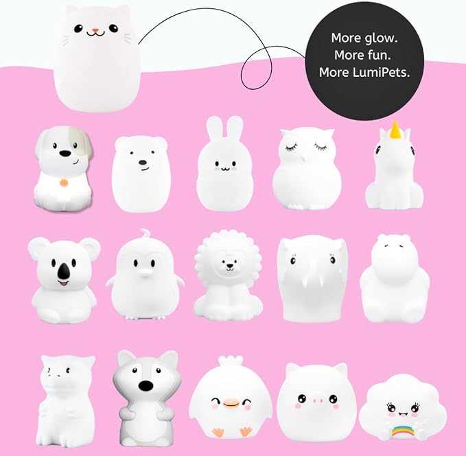 Lumipets Clive The Cat Squishy Silicone Night Light for Kids | Cute Night Light with Remote & Touch Control for Baby & Toddler Bedrooms | Color Changing Portable Animal Nightlight | Kids Mood Lamp