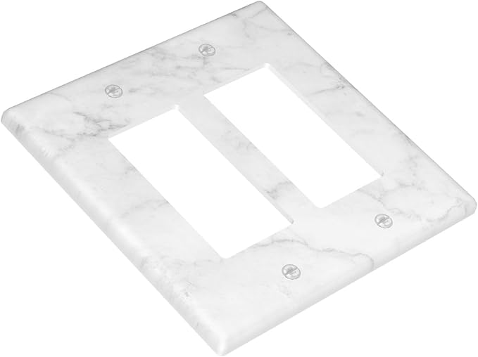 Faux White Marble Printed Double Gang Rocker Decorative Light Switch Cover, 2-Gang Wall Plate Outlet Cover