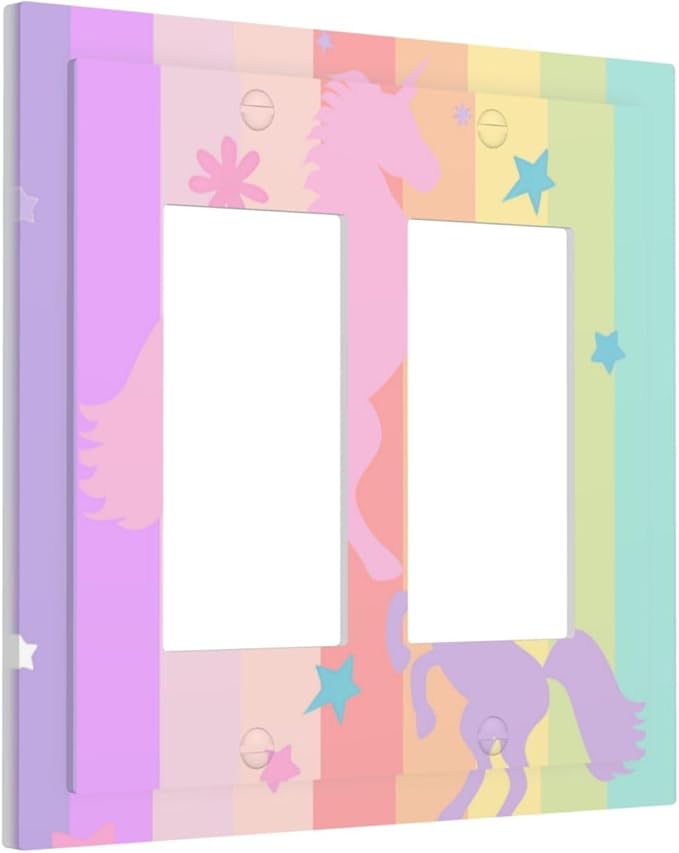 Cute Purple Pink Rainbow Unicorn Double Rocker Light Switch Cover Plate 2 Gang Outlet Covers Switchplates Wallplate Decorative Electrical Faceplate for Nursery Girls Boys Room Kids Room Decor
