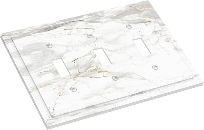 White Marbling Golden Stream Lines Print Decorative Switch Plates 3 Gang Wall Plate Triple Toggle Light Switch Cover Faceplate Electrical Wall Panels for Bathroom Kitchen Decor