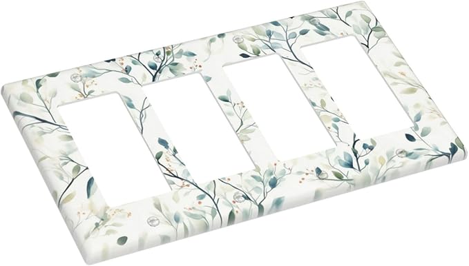 Watercolor Floral Green Leaves 4 Gang Light Switch Cover Green Botanical Flowers Quad Rocker Outlet Covers Wall Plate Decorative Faceplate for Bedroom Kitchen Living Room Decor