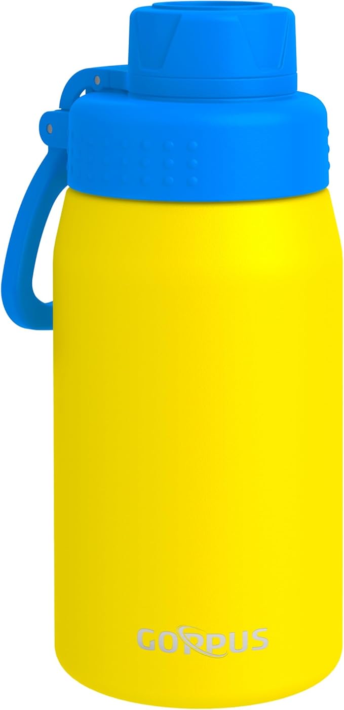 GOPPUS 15oz Kids Water Bottle with Spout Lid, Toddler Water Bottle, Stainless Steel Insulated Water Bottle, Leakproof, BPA Free, Suitable for Boys and Girls for School（Yellow）