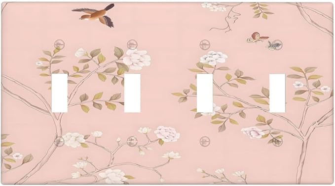 Pink Background Flowers Bird Butterflies Floral Light Switch Covers Quad Toggle Electrical Faceplate 4 Gang Wall Plate Decorative Switch Plates Cover for Bedroom Living Room Decor