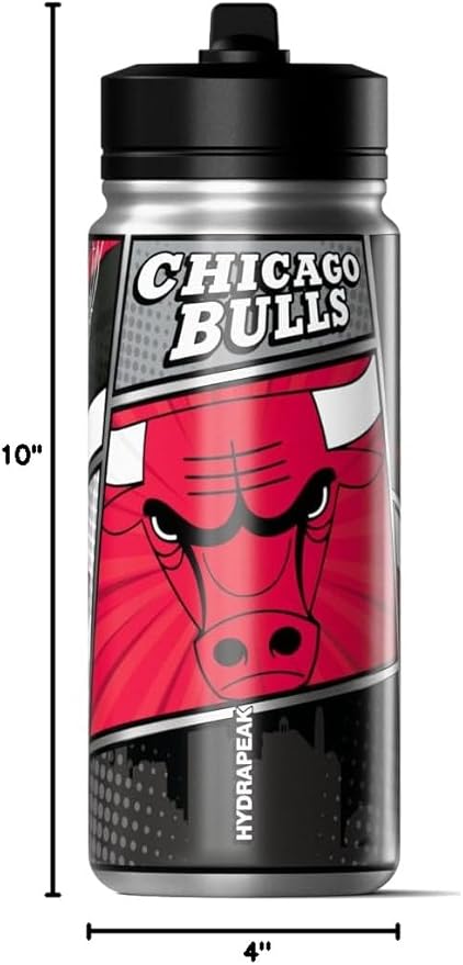 Hydrapeak x NBA Chicago Bulls 20 oz Stainless Steel Water Bottle, Officially Licensed Double Wall Insulated Sports Bottle with Straw Lid, Reusable Leakproof Gift for Kids & Adults