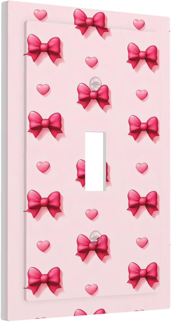 Pink Bow & Heart 1-Gang Toggle Light Switch Plate, Preppy Coquette Sweetheart Girly Decorative Wall Plate for Girls Room