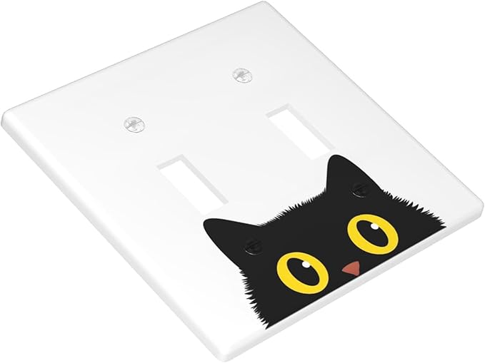 Cute Black Cat 2-Gang Double Toggle Switch Plate, Cartoon Cat Wall Plate for Bedroom, Bathroom, Living Room & Home