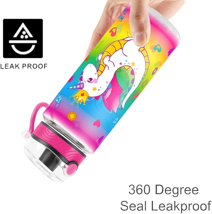 Home Tune Cute Water Bottle for School Kids Girls, BPA FREE Tritan & Leak Proof & Easy Clean & Carry Handle, 23oz/ 680ml (Dragon)