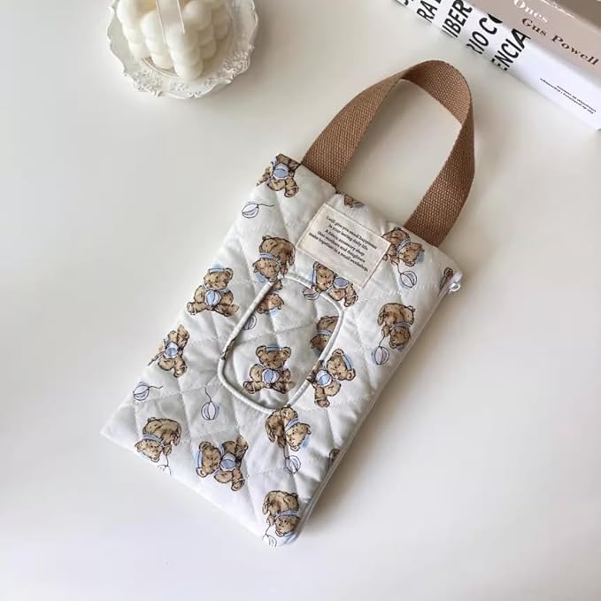 Quilted Baby Diaper and Wipes Pouch Portable Mommy Bag for Stroller Reusable Wipes Pouch with Lanyard for Casual Travel (Cartoon Bear)