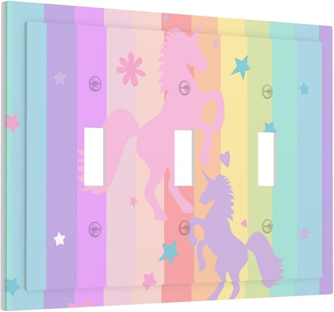 Cute Purple Pink Rainbow Unicorn 3 Gang Light Switch Cover Triple Toggle Wall Plate Decorative Electrical Switchplates Faceplate for Nursery Girls Boys Room Kids Room Home Decor