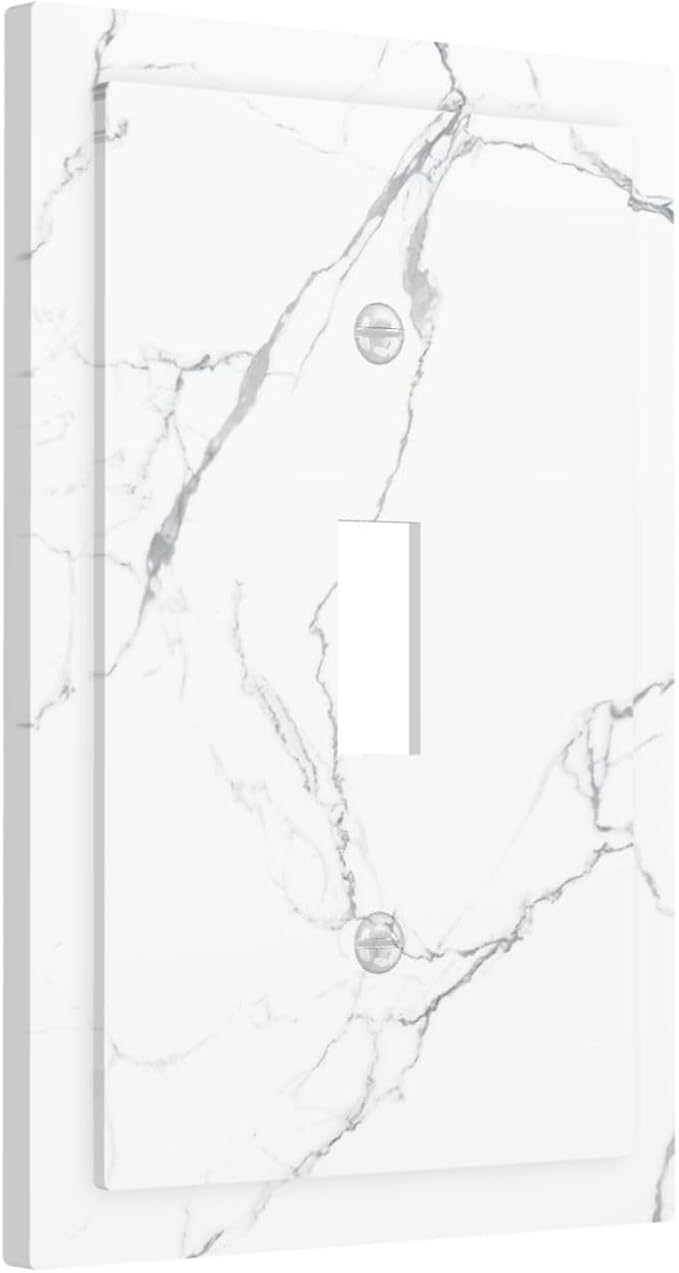 Luxurious White Marble Abstract Print Decorative Light Switch Cover 1 Gang Single Toggle Device Electrical Faceplate Switchplates Decorator Outlet Wall Plate for Bathroom Kitchen Bedroom Decor