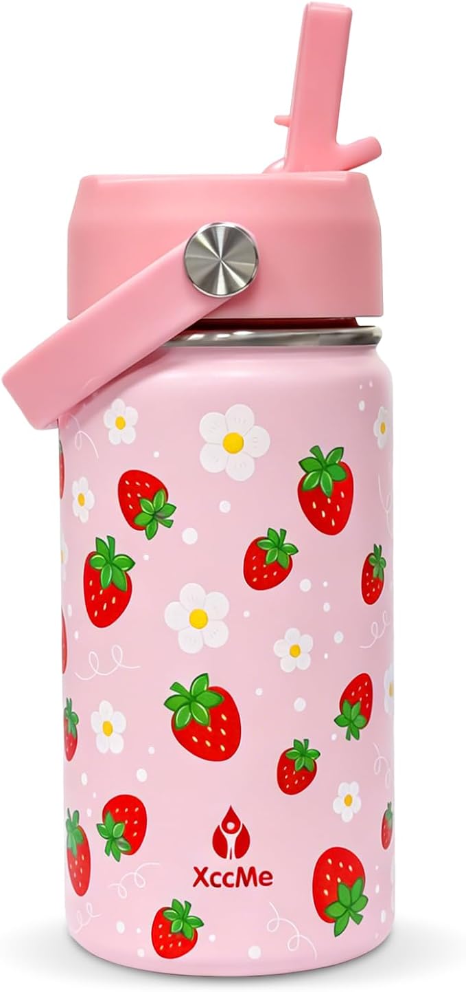 14oz Strawberry Kids Water Bottle With Straw Lid,Insulated Double Wall Leak Proof & BPA-Free Kids Water Bottle,Stainless Steel Tumbler for Toddlers,Metal Bottle for School Boys Girls