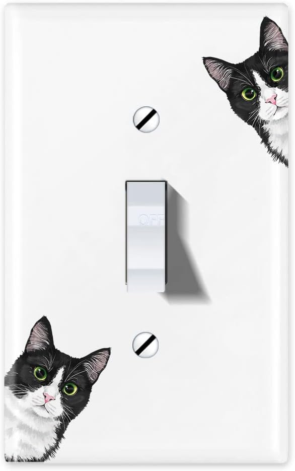 WIRESTER Single Gang Toggle Light Switch Plate/Wall Plate Cover - Black White Tuxedo Cat Hide And Seek
