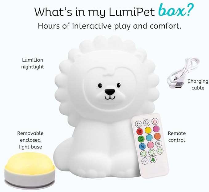 Lumipets Remote Control Silicone Night Light for Kids - Lion Design with 9 Soft Colors & Sleep Timer - Rechargeable, Battery-Operated Lamp for Bedroom | Baby Nursery, Toddler, Girls, Boys