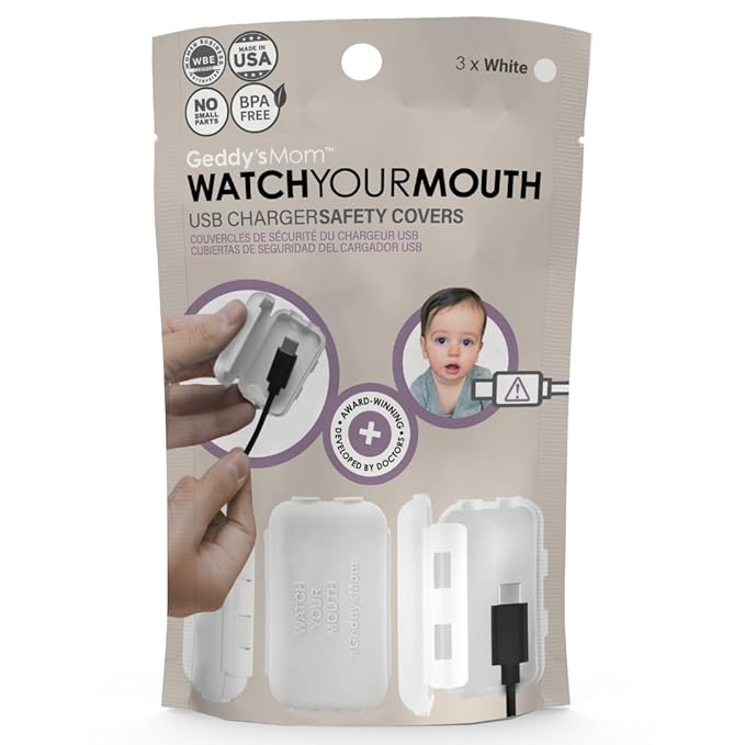 Baby Proof USB Charger Cover – Child-Resistant Cord Tip Enclosure for Standard USB Charging Cables – (3 Pack, White)