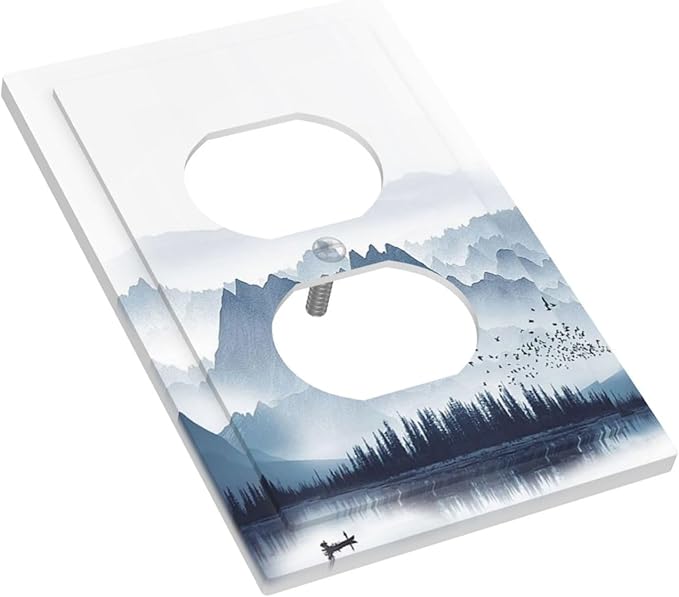Outlet Covers Mountain Foggy Lake Boat Grey Blue Forest Birds 1 Gang Duplex Light Switch Cover Electrical Receptacle Faceplate Wall Plate Decorative Switch Plates for Bedroom living Room