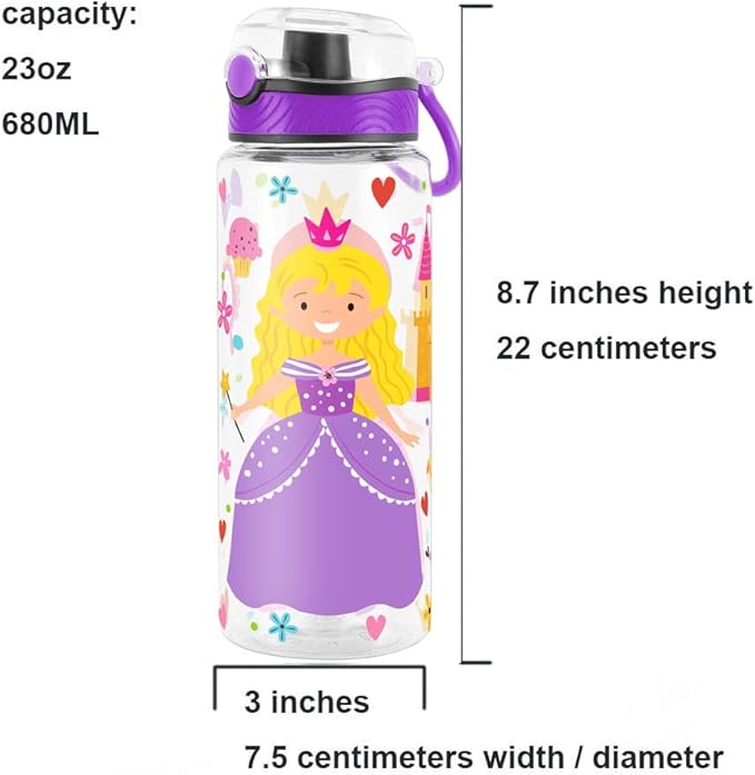 Home Tune Cute Water Bottle for School Kids Girls, BPA FREE Tritan & Leak Proof & Easy Clean & Carry Handle, 23oz/ 680ml - Princess