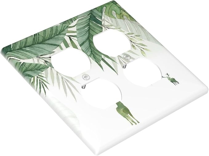Deer Banana Leaves Palm Trees Green Plants Outlet Covers 2 Gang Double Duplex Decorative Light Switch Covers Electrical Wallplates Socket Faceplate for Bed Room Living Room Decor