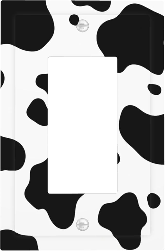 Cow Print Single Rocker Switch Cover - 1-Gang Standard US Size Farmhouse Cowhide Light Switch Covers, Black & White Rustic Animal Print for Country Homes