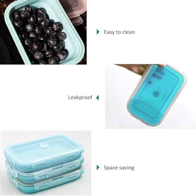 Alimat PluS 27oz Silicone Food Storage Containers, 3 Pack Set 800ml Collapsible Food Storage Containers with Lids(Blue)