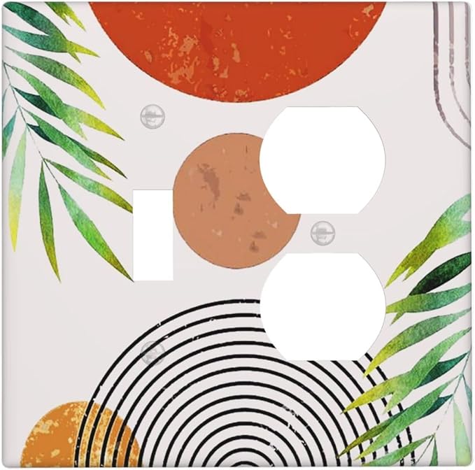 Boho Sun Abstract Art Mid Century 2-Gang 1-Toggle 1-Duplex Device Combination Wallplate Modern Aesthetics Arch Olive Leaf One Toggle Switch and One Duplex Receptacle Outlet Combo Light Switch Cover