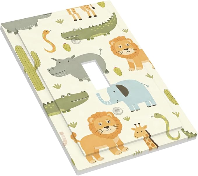 African Safari Animals 1-Gang Toggle Light Switch Plate, Cute Hippo Crocodile Lion Elephant And Giraffe Funny Wildlife Decorative Wall Plate for Boys & Girls Room