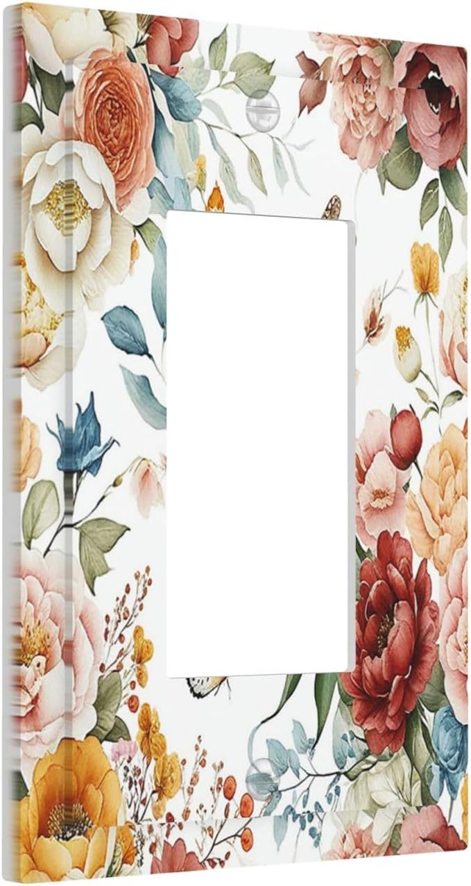 Rustic Style Colorful Peony Butterfly Dragonfly Decorative Outlet Covers 1 Gang Single Rocker Wall Plates Gfci Faceplate Light Switch Cover Plate for Bedroom Living Room Decor