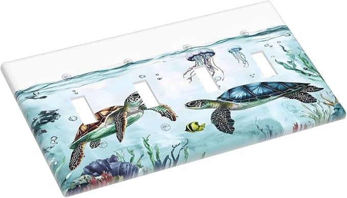 Sea Turtles Sea Coral Seaweed Ocean Jellyfish Light Switch Covers Quad Toggle Electrical Faceplate 4 Gang Wall Plate Decorative Switch Plates for Kids Room Bathroom Decor