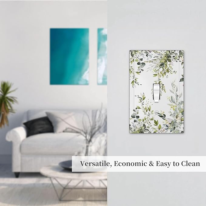 Eucalyptus Sage Green Leaf Plant Floral Decorative Light Switch Cover 1 Gang Single Toggle Device Electrical Faceplate Switchplates Decorator Outlet Wall Plate for Bedroom Living Room Decor