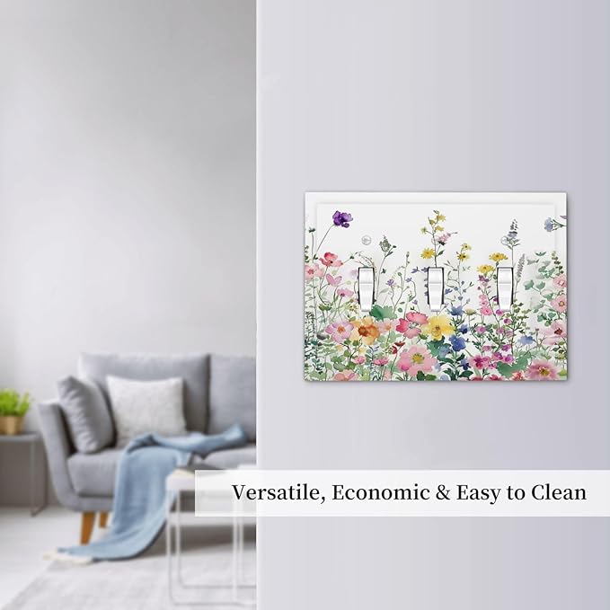 Decorative Switch Plates Boho Colorful Flowers Plant Rustic Wildflower 3 Gang Wall Plate Triple Toggle Light Switch Cover Faceplate Electrical Wall Panels for Bed Room Bathroom Decor