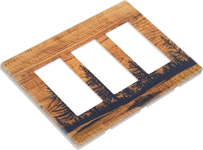 Country Farm Forest Pine Tree Woodland Woods Wooden Board Screwless Decorator Wall Plates Mid-Size 3-Gang Triple Rocker Outlet Light Switch Cover Plate for Dimmer, GFCI, USB Receptacle Faceplate Cover