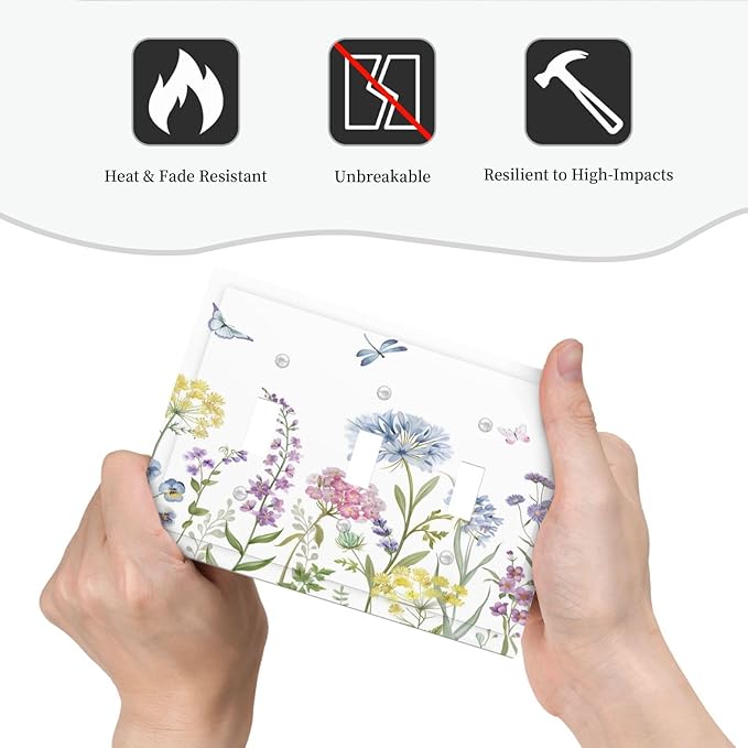 Colorful Wildflowers Dragonfly Lavender Butterfly Insect Decorative Switch Plates 3 Gang Wall Plate Triple Toggle Light Switch Cover Faceplate Electrical Wall Panels for Bedroom Living Room Decor