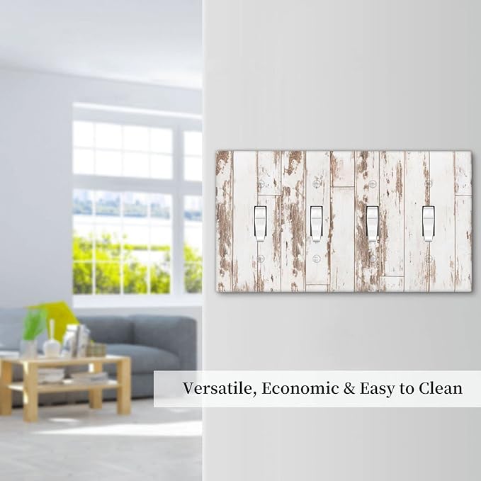 White Grey Wood 4 Gang Light Switch Cover Decorative Quad Toggle Wall Plate Decorative Electrical Faceplate for Kitchen Home Barn Farmhouse Decorate Large 8" x 4.5