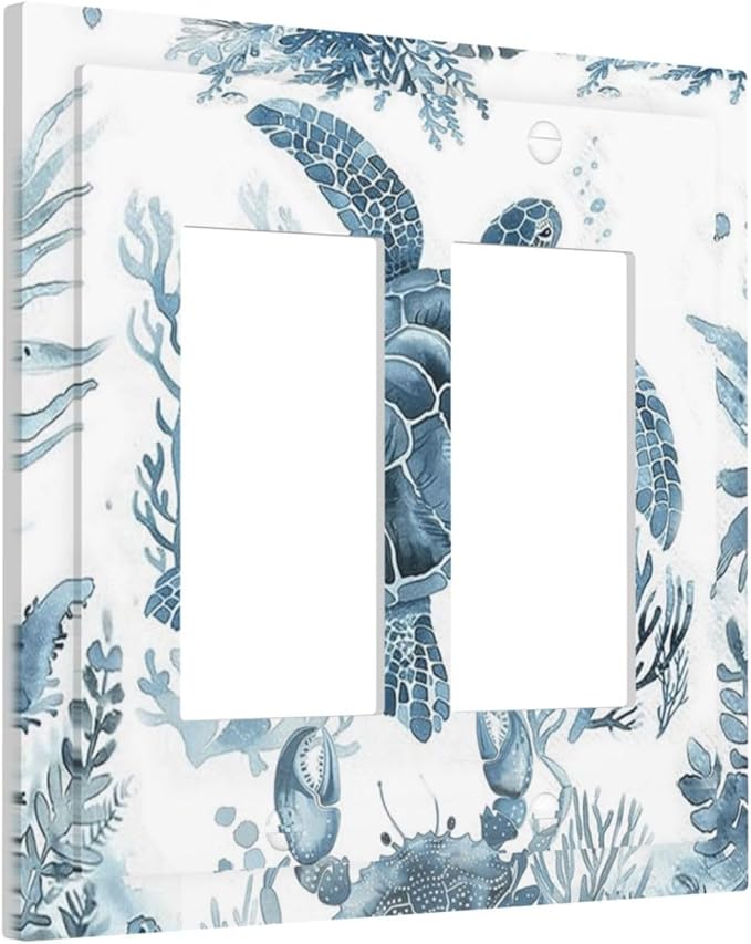 Blue Sea Turtle Coastal Coral Beach Crab Seaweed Decorative Outlet Covers 2 Gang Double GFCI Rocker Electrical Wall Panels Light Switch Cover Plate for Kids Room Bathroom Decor