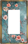Decorative Art Light Switch Covers Vintage Chinoiserie Oriental - Teal Birds and Floral Branch 1 Gang Rocker Outlet Wall Plate Switchplate Electrical Faceplate for Home Decor