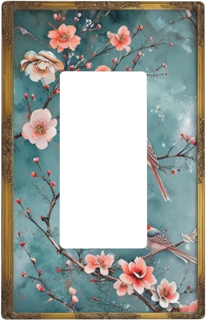 Decorative Art Light Switch Covers Vintage Chinoiserie Oriental - Teal Birds and Floral Branch 1 Gang Rocker Outlet Wall Plate Switchplate Electrical Faceplate for Home Decor