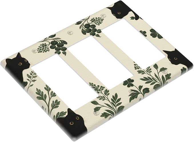 Decorative Outlet Covers Funny Black Cat Green Leaf 3 Gang Light Switch Cover Plate Triple Rocker Wall Plates for Electrical Outlets Switch Plate Covers for Bedroom Home Decor