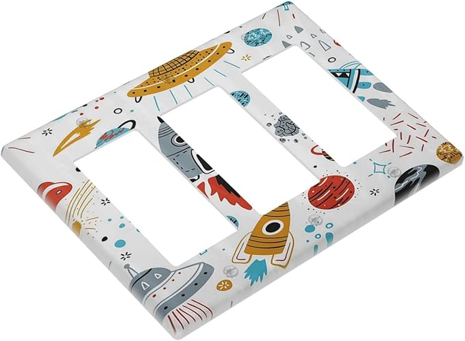 Cartoon Space Rocket Boys Universe Planet 3 Gang Rocker Light Switch Covers Decorative Unique Triple Outlet Wall Plate Cover Faceplate Decorative Switchplate GFCI for Nursery Kidroom Bedroom