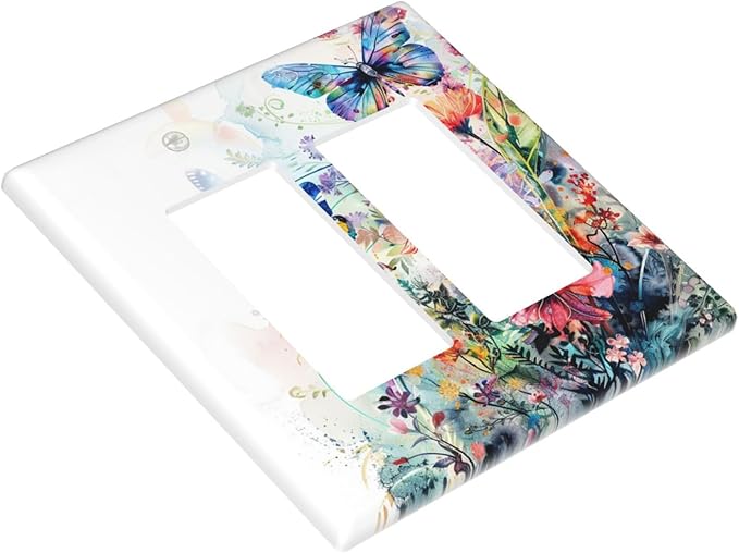 Light Switch Cover Watercolor Colorful Floral Butterflies Wildflowers 2 Gang Double Rocker Outlet Covers Decorative Switch plates Electrical Wall Plates GFCI Receptacle for Bathroom Bedroom