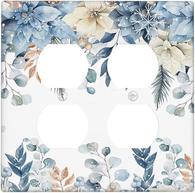 Blue Vine Snowflake Plants Leaves Floral Flowers Outlet Covers 2 Gang Double Duplex Decorative Light Switch Covers Electrical Wallplates Socket Faceplate for Bedroom Living Room Decor