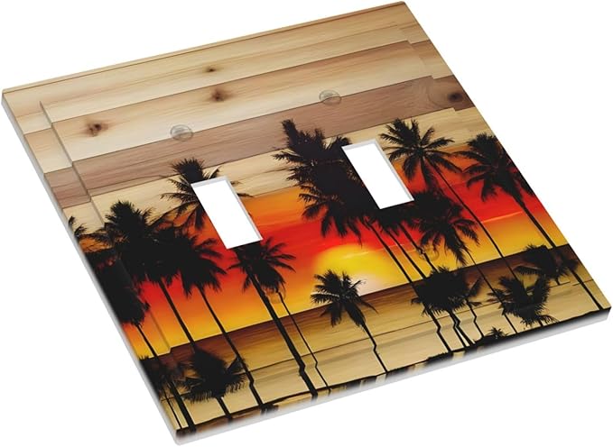 Sunset Beach Coconut Palm Tree Wooden Background Decorative Switch Plates 2 Gang Double Toggle Outlet Light Switch Cover Wall Plate Electrical Faceplate for Bedroom Living Room Decor