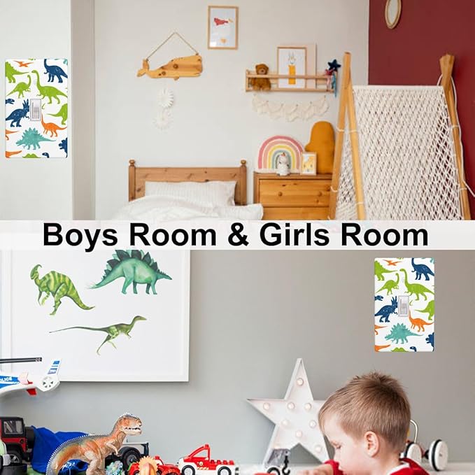 Colorful Dinosaur 1-Gang Toggle Light Switch Plate, Watercolor Blue & Green Dinosaur Cartoon Wall Plate for Boys Bedroom, Playroom & Nursery