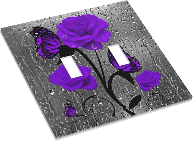 Purple Rose Romantic Flowers 2 Gang Double Toggle Light Switch Cover Rose Floral Decorative Wall Plate Faceplate For Girls Ms Purple Rose Butterfly Bathroom Home Living Room Decor 5" x 4.9